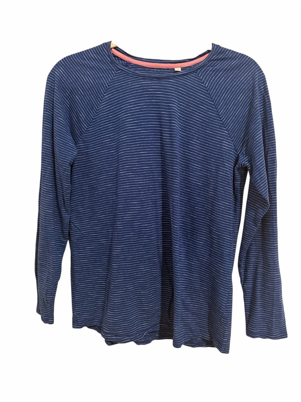 Boden Navy Blue Thin-Striped Long Sleeve Tee with Pink Neck Trim Medium